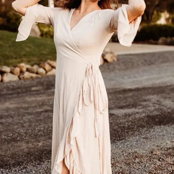 knee length dresses for ladies Harper Wrap Midi Dress • Shop American Threads Women's Trendy Online Boutique Ivory / M/L / No Returns/Exchanges